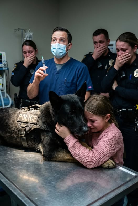Moments before the terminally ill police K-9 was to be put to sleep, he wrapped his paws around a little girl in a final embrace—when the veterinarian suddenly spotted something critical and halted the procedure, changing everything in that moment.