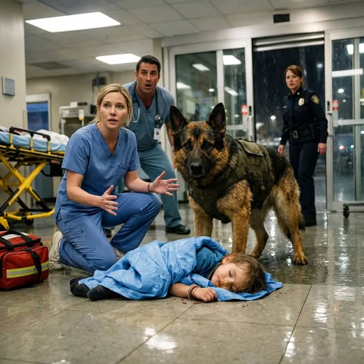 “Sir, You Can’t Bring Animals in Here!” — A Bloodied Military Dog Burst Into the ER Carrying a Dying Child, and When Doctors Saw the Restraint Marks on Her Wrist, They Realized He Had Saved Her From the One Meant to Protect Her
