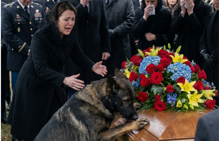 During the fallen officer’s funeral, his loyal dog suddenly jumped onto the coffin, howling and clawing in panic, refusing to move. Moments later, everyone learned the heartbreaking reason for the outburst—and the entire crowd stood frozen in shock that day.