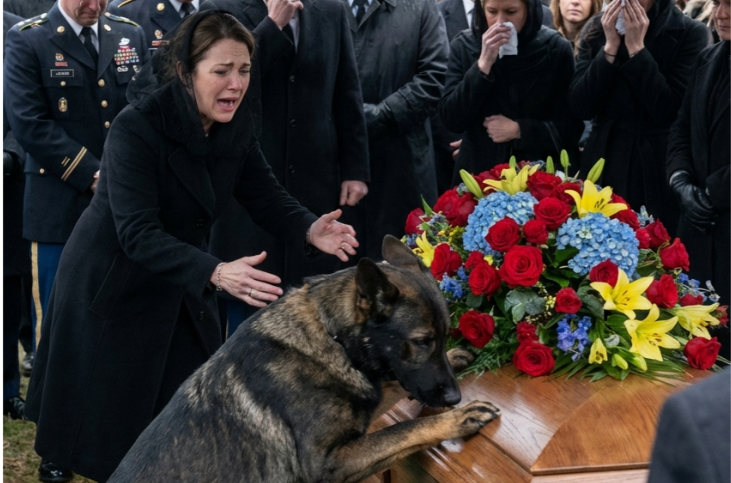 During the fallen officer’s funeral, his loyal dog suddenly jumped onto the coffin, howling and clawing in panic, refusing to move. Moments later, everyone learned the heartbreaking reason for the outburst—and the entire crowd stood frozen in shock that day.