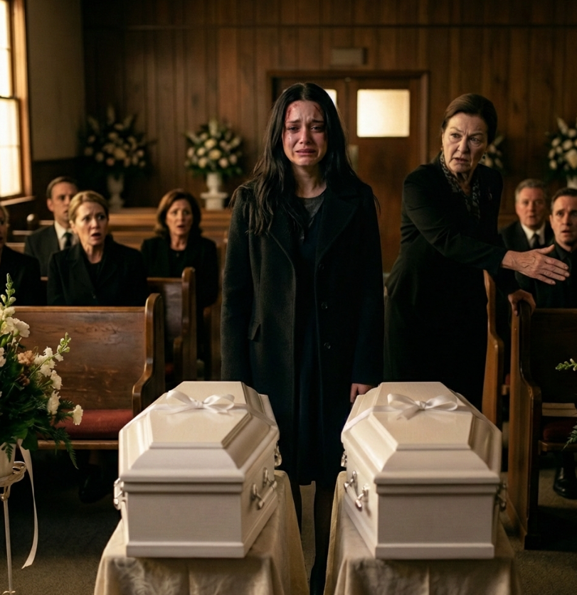 At my twin babies’ funeral, as their tiny coffins lay before me, my mother-in-law leaned close and hissed, “God took them because He knew what kind of mother you were.” I snapped, sobbing, “Can you shut up—just for today?” That’s when she slapped me, smashed my head against the coffin, and whispered, “Stay quiet, or you’ll join them.” But what happened next… no one saw coming.