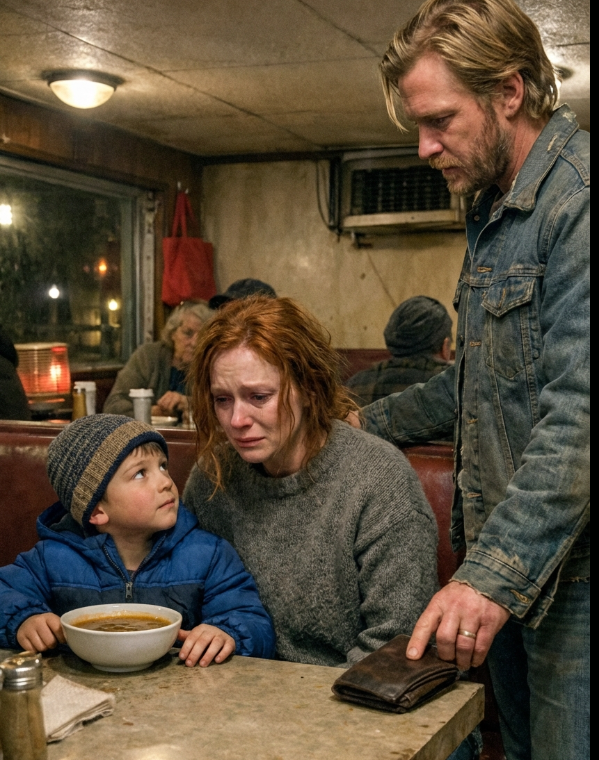 “Mom, if I finish my soup tonight… will there still be enough warmth left for tomorrow?” — One man stood up in a roadside diner, placed his wallet on the table, and set off a chain of events that exposed a hidden threat, ended a man’s false power, and quietly changed a mother and child’s future forever.