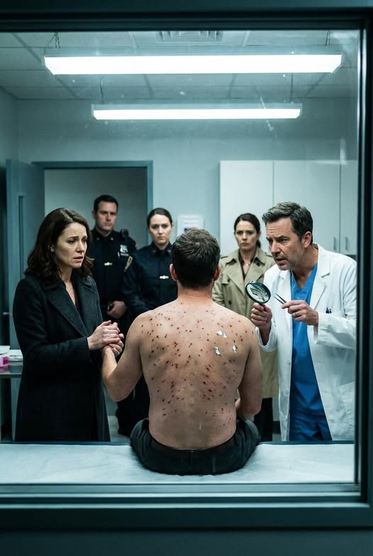 I spotted dozens of tiny crimson dots scattered across my husband’s back and a cold dread washed over me. The doctor took one glance, turned pale, and murmured, “You need to contact the authorities… immediately.”