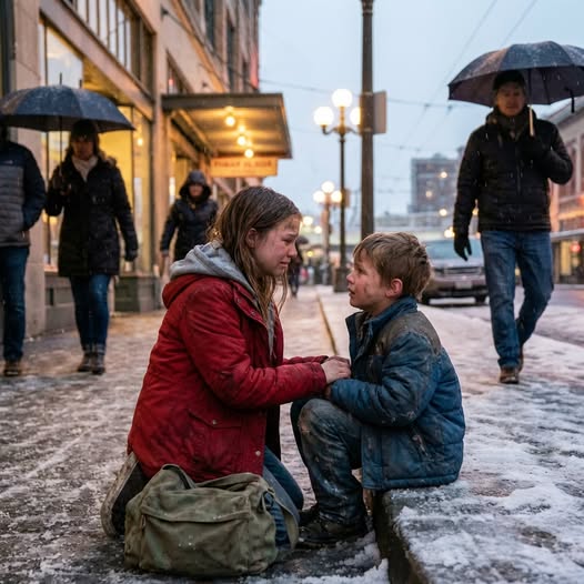 People passed by a shivering little boy in the cold without caring, but a poor girl finally paused beside him, and what followed warmed every heart that witnessed it, proving compassion can change everything in the most unexpected ways today.