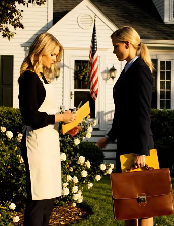 My husband’s new wife came to my door with a greedy smirk, she said, “we’re here for our rightful share of your father’s estate. move out immediately.” I smiled as my lawyer walked in behind her…