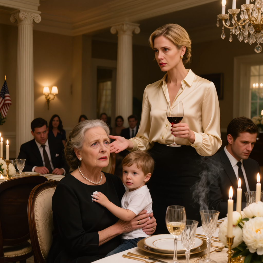 At my grandson’s birthday dinner, my daughter-in-law suddenly called security and said coldly, “Get this poor old woman away from the table,” right in front of the guests, while my son only lowered his eyes to his plate — what she did not know was that the next morning, when she walked into the building where she worked as a manager, the person sitting on the top floor had remembered every single word.