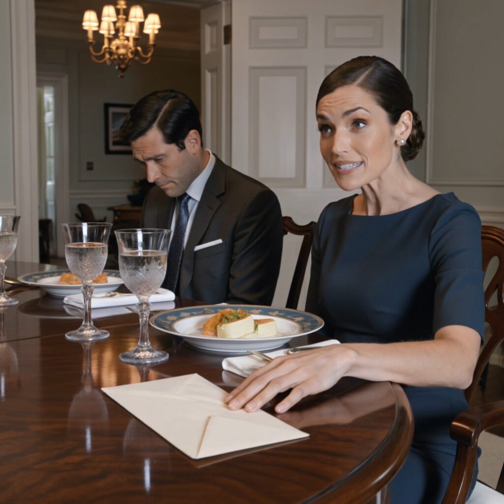 The envelope slid across the polished oak table and stopped beside my plate so softly that, for a second, it almost felt polite. Robert Harper kept two fingers on it a moment longer, like he wanted me to understand the number inside before I even looked. Across from him, Margaret sat beneath the chandelier with that composed country-club smile women wear when they have already decided how the evening should end. My husband stared at his water glass. Soft jazz drifted in from the sitting room. Crystal. Linen. Silverware placed with military precision. It was the kind of dinner where nobody raised their voice, but every sentence came out dressed for a negotiation.