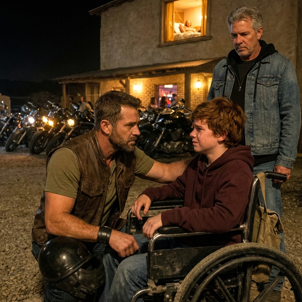 The Dy:ing Biker’s Grandson Rolled Into A Desert Gas Station In A Broken Wheelchair And Said, “My Grandpa Doesn’t Want To Go In Silence.” So When The Hospice Nurse Whispered, “You Can’t Make Noise Here,” We Lined Up Forty Harleys Outside His Window Anyway — And The Moment The Engines Thundered To Life, The Old Man Raised Two Fingers In A Final Salute That No One There Will Ever Forget