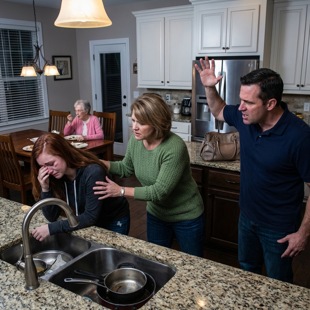 I showed up at my daughter’s house unannounced—right at dinner time. The smell of rice was still in the air, but she was at the sink, hands red in the soapy water, while her husband and his mother lounged at the table, spooning dessert like kings. “Mom… you shouldn’t be here,” she whispered without turning. Then I heard it—smack. He hit her. “Don’t make a scene,” he snapped. My blood went cold… and I realized I’d only seen the surface of her life. What I did next will change everything.
