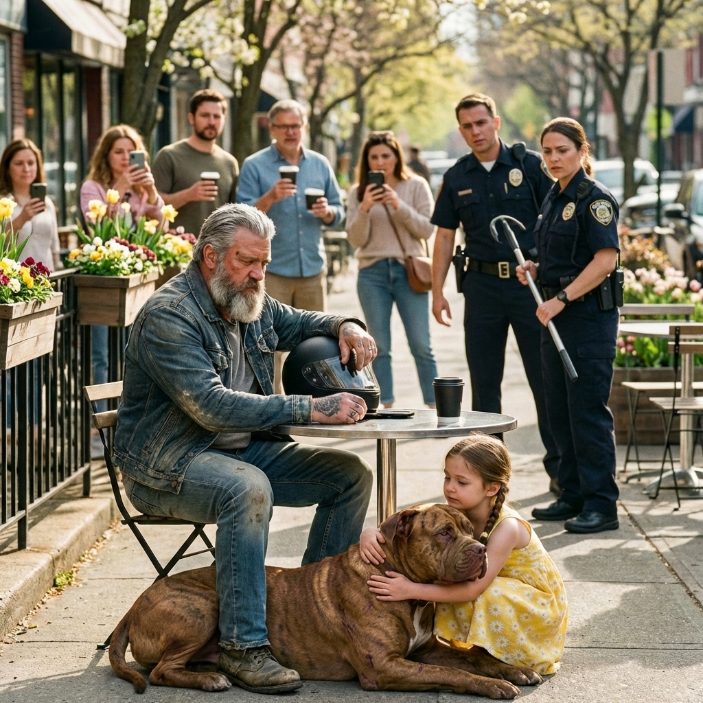When a frightened manager called police on a tattooed biker and his massive, scarred dog quietly sitting with a seven-year-old girl, the tense standoff uncovered a heartbreaking truth that left the entire town shaken and in tears.