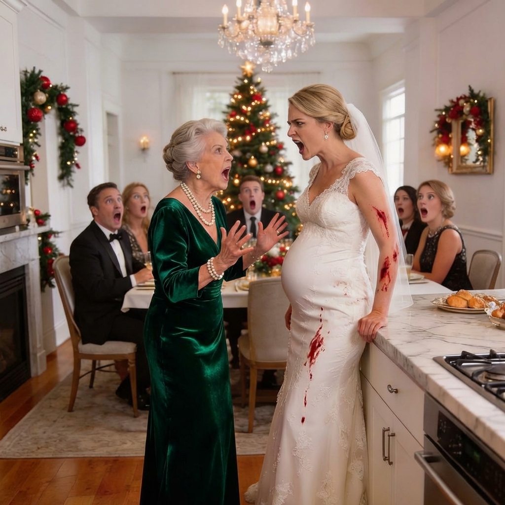 I never told my in-laws that I am Chief Justice’s daughter. When I was 7 months preg/nant, they forced me to cook the entire Christmas dinner alone. My mother-in-law even made me eat standing in the kitchen, claiming it was “good for the baby.” When I tried to sit down, she shoved me so violently that I began to miscarry. I reached for my phone to call the police, but my husband snatched it away and sneered, “I’m a lawyer. You won’t win.” I looked straight into his eyes and said calmly, “Then call my father.” He laughed as he dialed—completely unaware his legal career was about to end.