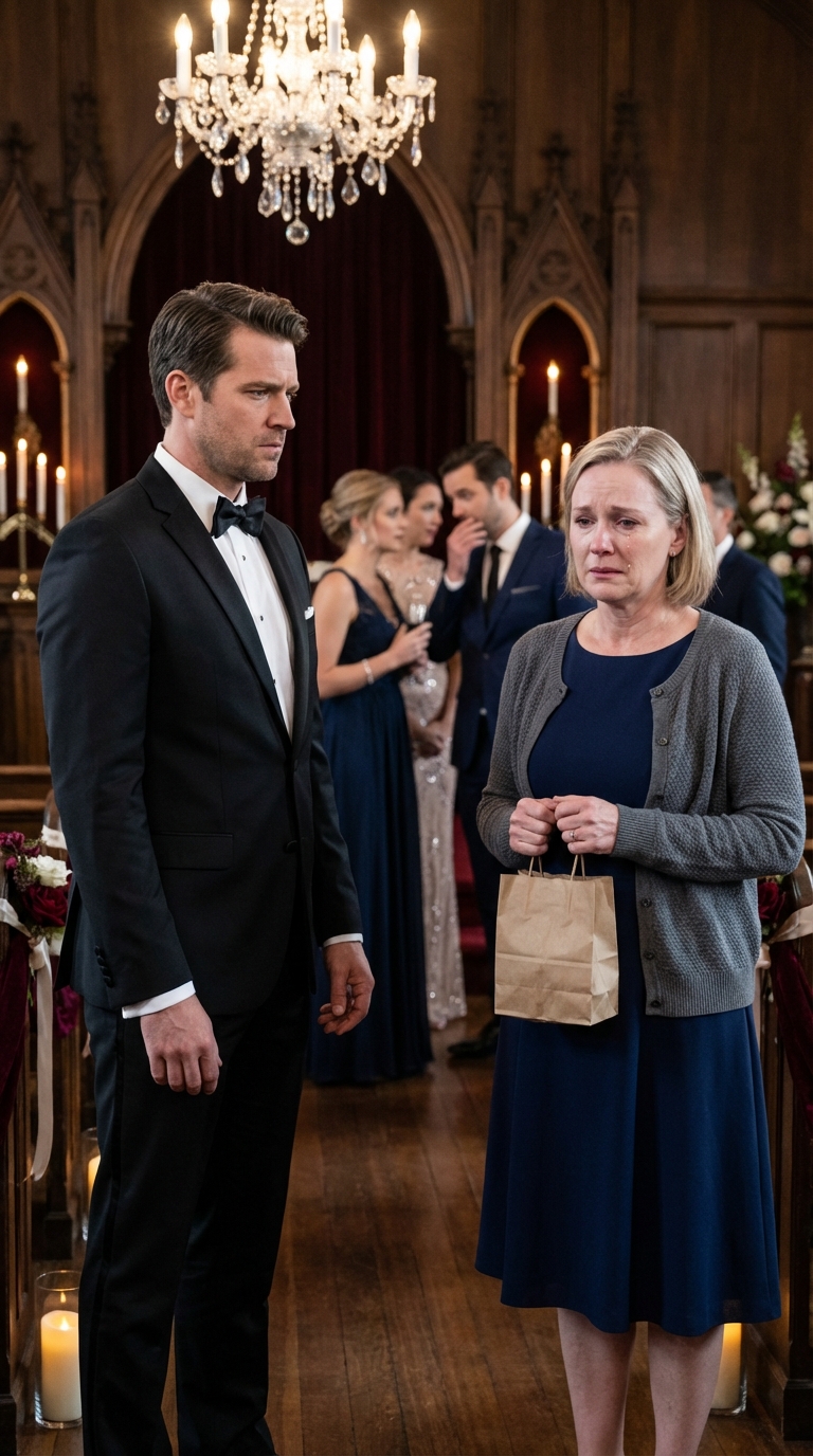 “Mom… you don’t belong here,” I said before hundreds of wedding guests, trying to push her away. But the notebook in her bag revealed a hidden truth that shattered everything and brought my $20 million wedding to a sudden end.