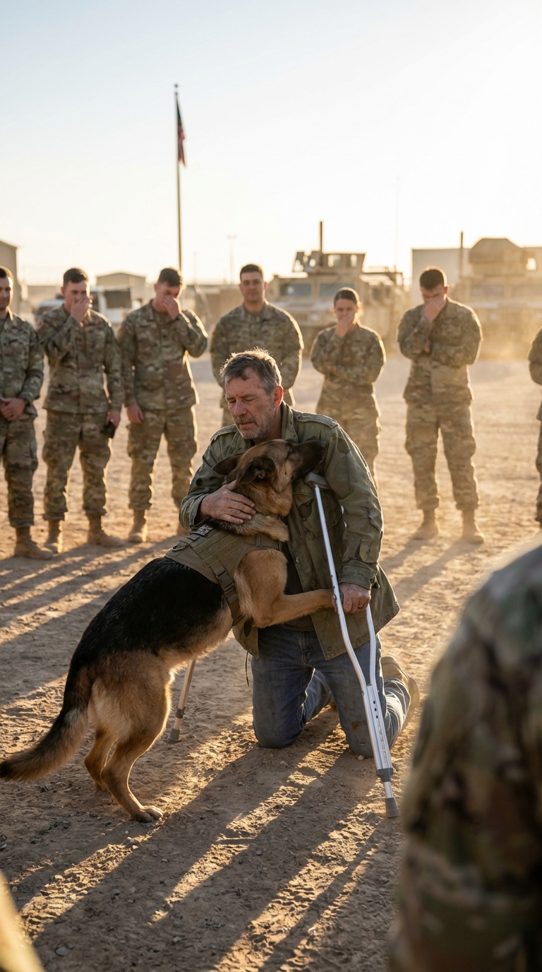 When a military K9 suddenly charged toward a badly wounded veteran struggling on crutches, the entire base braced for disaster. But in the seconds that followed, the dog’s unexpected act stunned everyone—and even the toughest soldiers were left quietly wiping away tears.