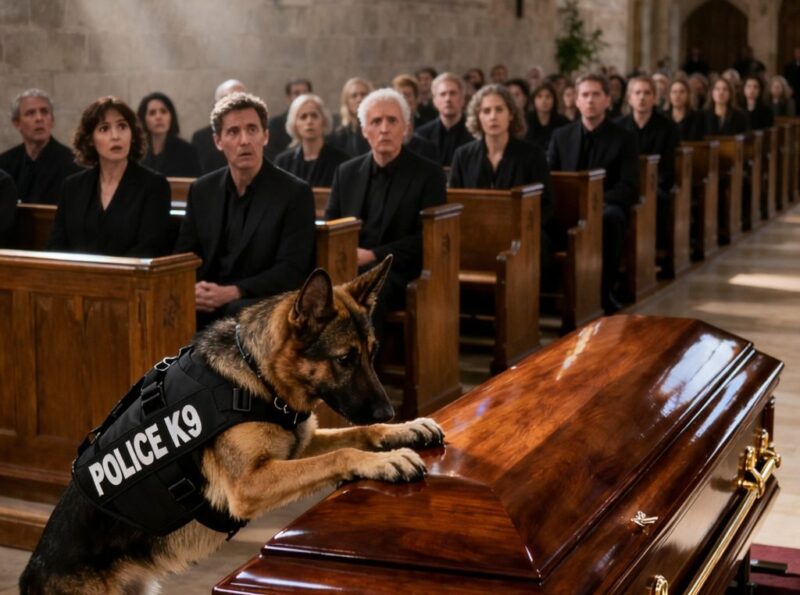 A heavy silence filled the church the moment the police dog surged forward, barking urgently at the coffin as though trying to stop something unseen.