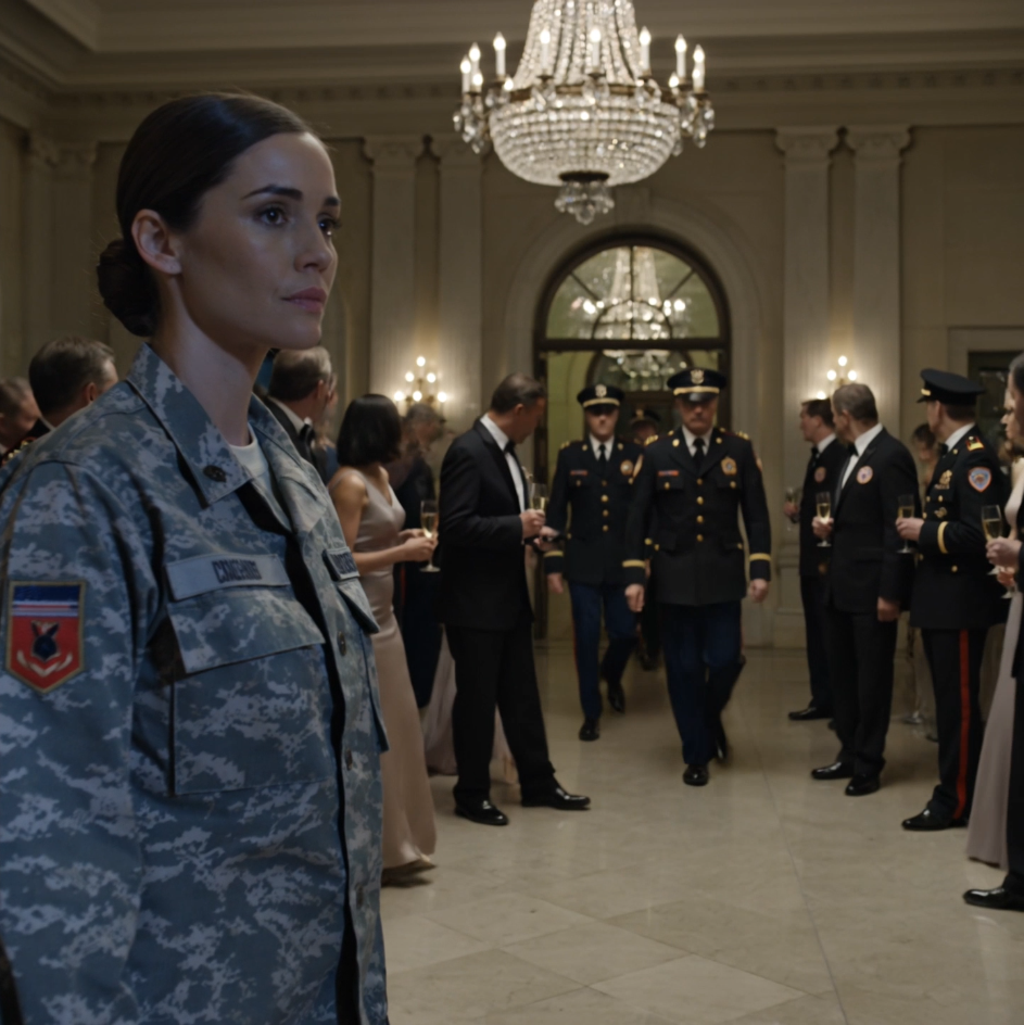 I walked into my sister’s black-tie celebration after thirty-six straight hours inside a locked military bunker, and before I could even reach my father she grabbed my arm, looked at the oil on my sleeve like it was something contagious, and whispered, “Leave that trashy uniform outside,” not knowing the very people she was trying to impress were about to stop the whole room for me.