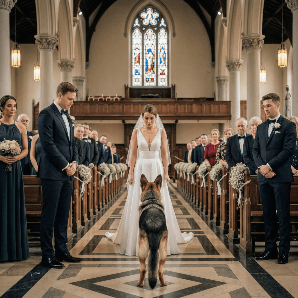 My Military Working Dog Walked Me Down the Aisle at My Wedding. Halfway There, He Stopped. He Planted Himself in Front of Me Like a Barricade and Wouldn’t Move. His Eyes Locked on a Man in the Third Row. Then He Growled—and the “Wedding Gift” in That Man’s Hand Changed Everything.